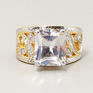 18k Yellow Gold Over 925 Sterling Silver Ring Radiant Cut clear‎ Filigree SZ 9